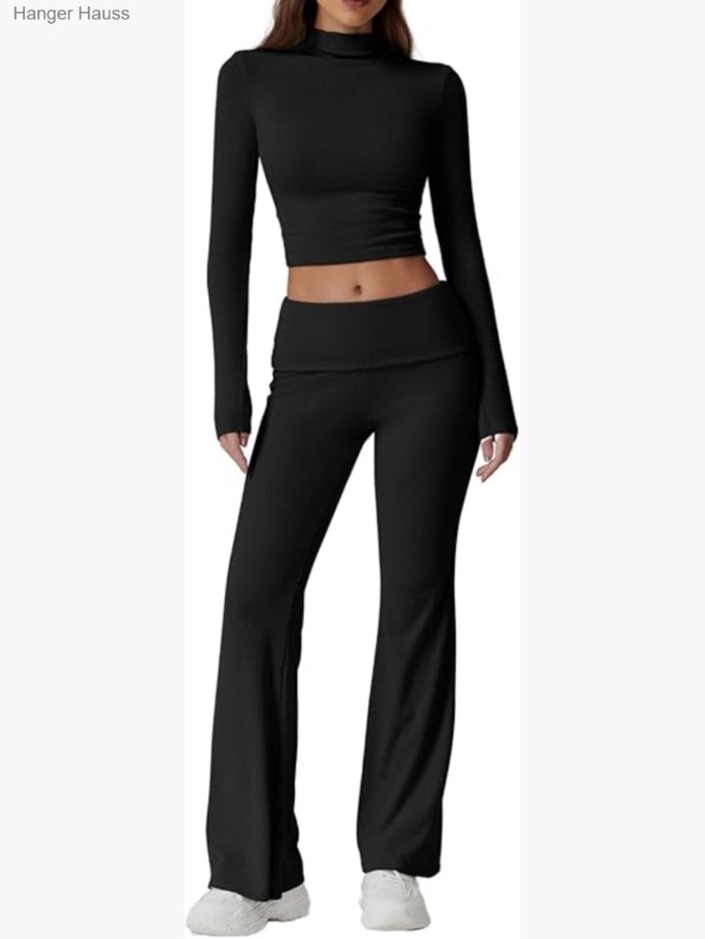 Mock Neck Long Sleeve Top with Ruched Fold Over Flare Pants Set